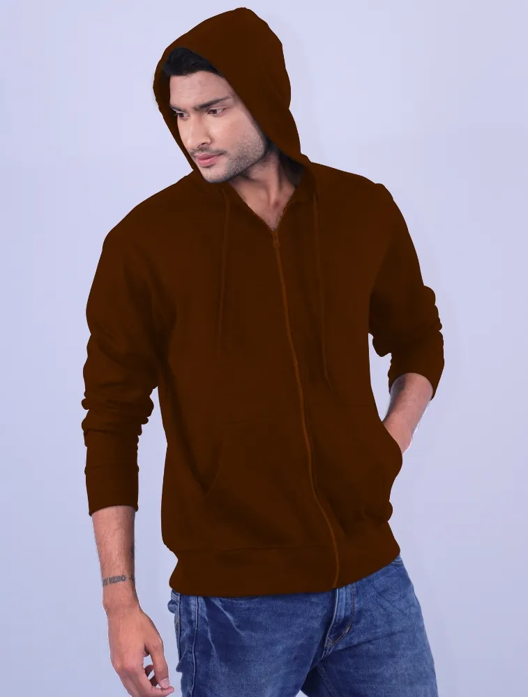  Brown Polycotton Hoodie with Zipper 300GSM