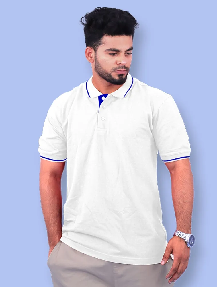 White Cotton Polo Half Sleeve 240 GSM with Royal Blue Tipping