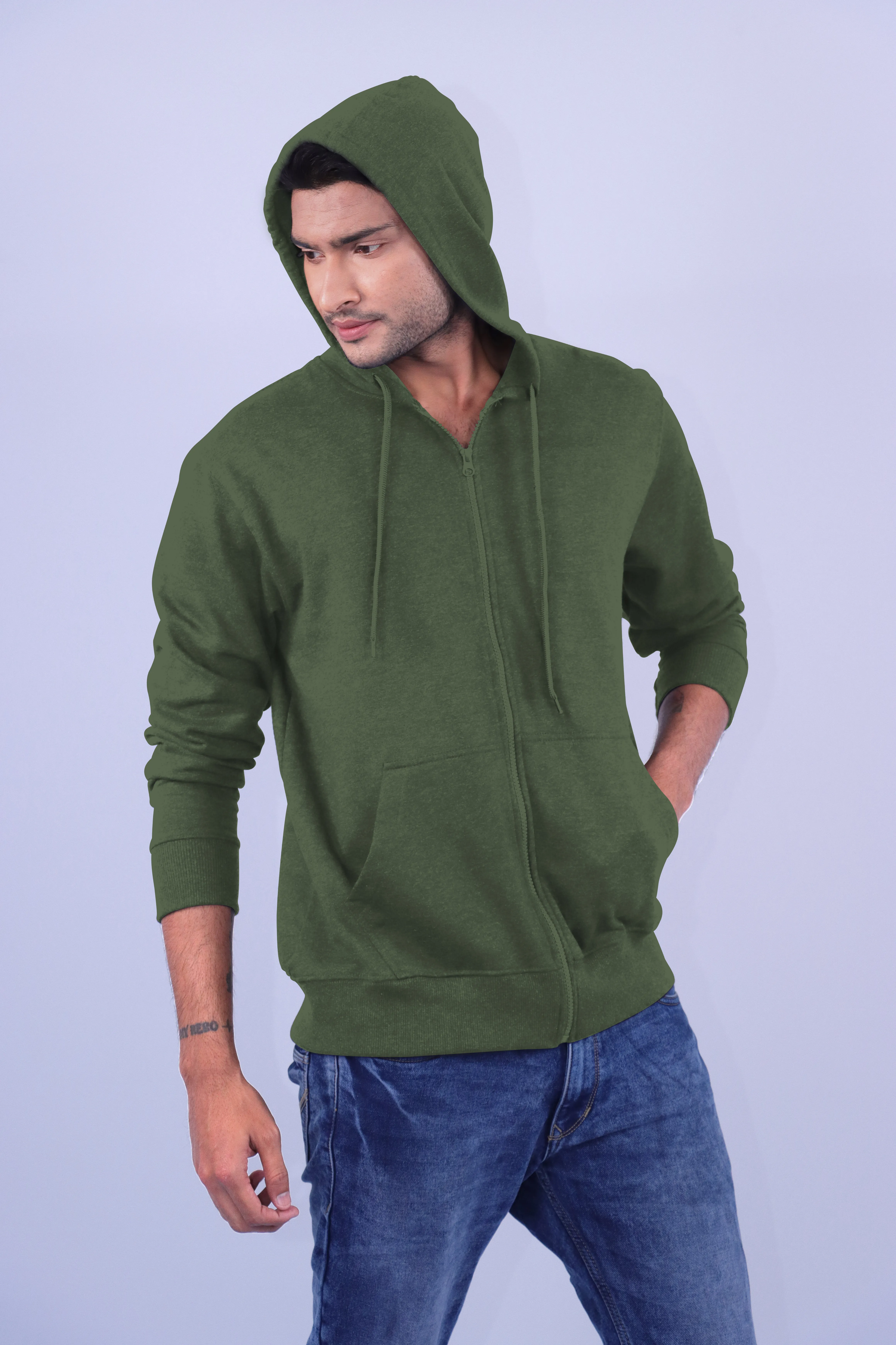 Olive Green Polycotton Hoodie with Zipper 300GSM