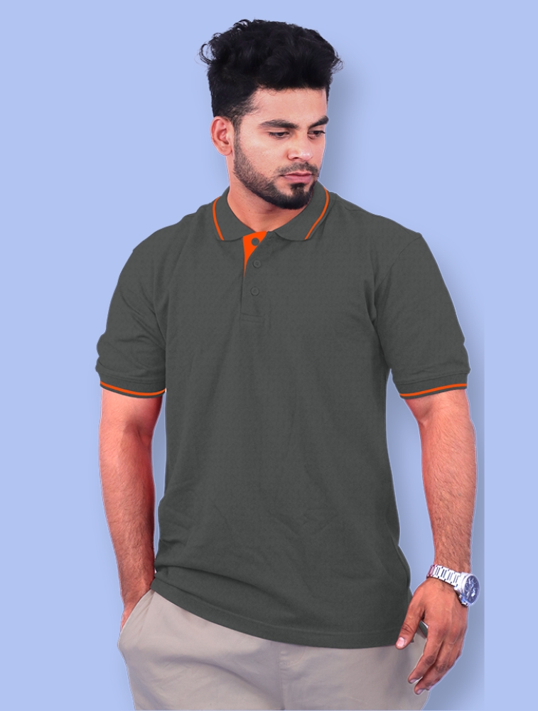 Charcoal Melange Premium Cotton Polo 240GSM T-Shirts with Orange Tipping