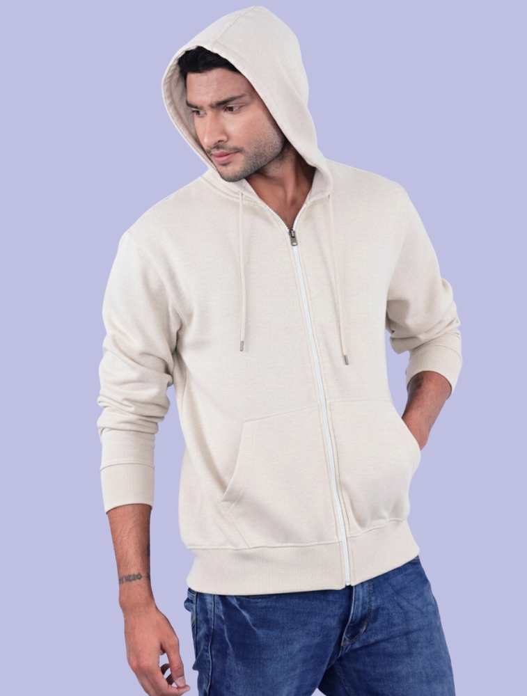 Half White Polycotton Hoodie with Zipper 300GSM
