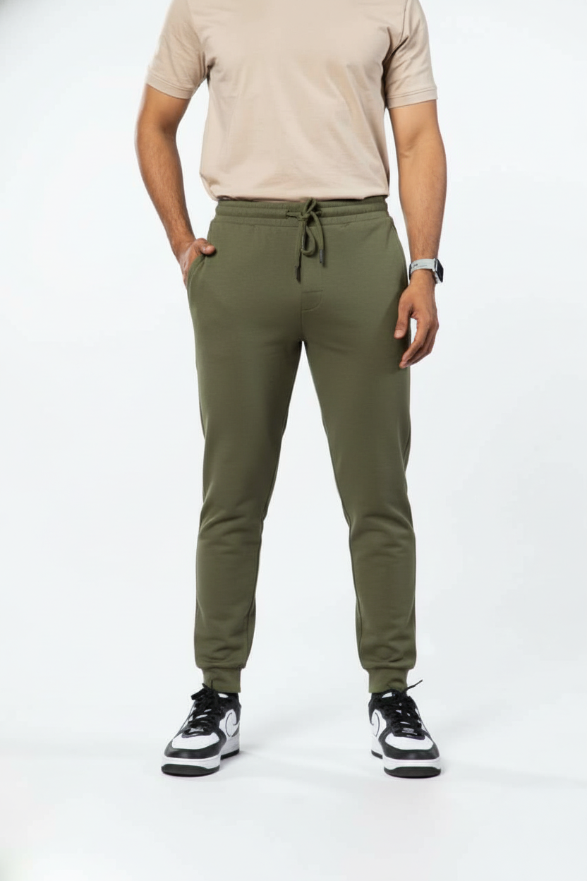 Olive Green Cotton French Terry 250GSM Joggers